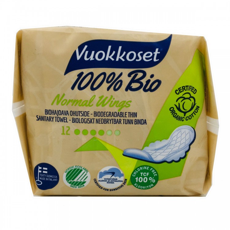 Прокладки женские VUOKKOSET Normal wings 100% био 12 шт